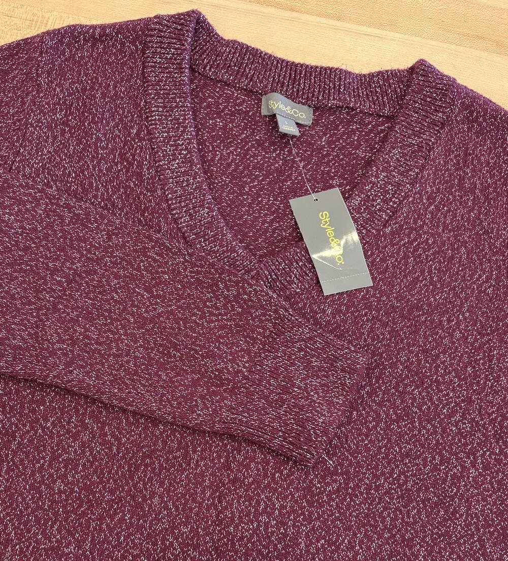 Style&Co. Sweater Womens Large Purple V-Neck Pullover Metallic Tight-Knit